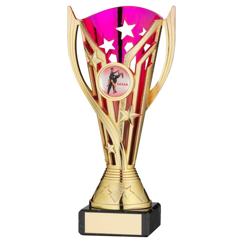 GOLD/PURPLE PLASTIC 'FLASH' CUP ON BLK MARBLE ASSEMBLED TROPHY (1" CEN) - 6.75in