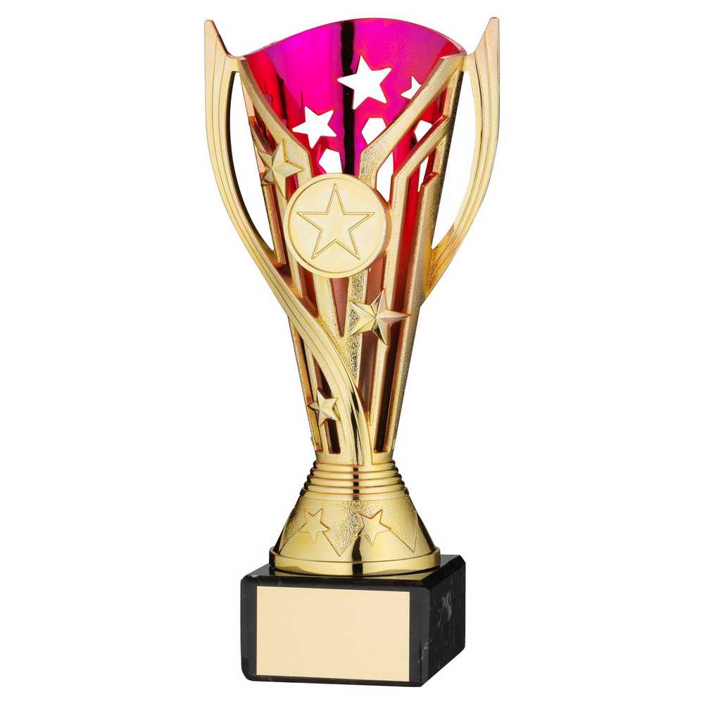GOLD/PURPLE PLASTIC 'FLASH' CUP ON BLK MARBLE ASSEMBLED TROPHY (1" CEN) - 7.25in