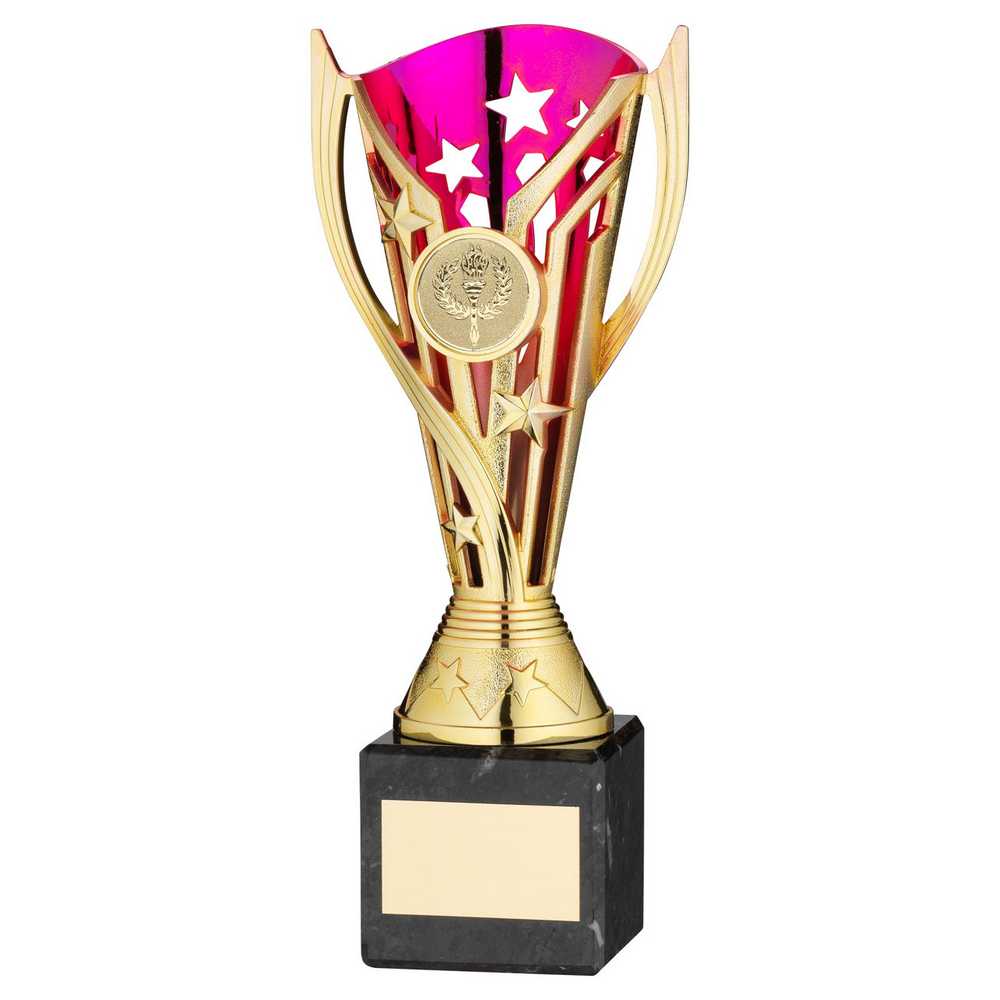 GOLD/PURPLE PLASTIC 'FLASH' CUP ON BLK MARBLE ASSEMBLED TROPHY (1" CEN) - 8in