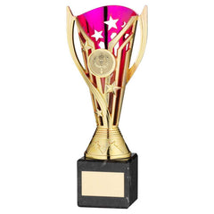 GOLD/PURPLE PLASTIC 'FLASH' CUP ON BLK MARBLE ASSEMBLED TROPHY (1" CEN) - 8in