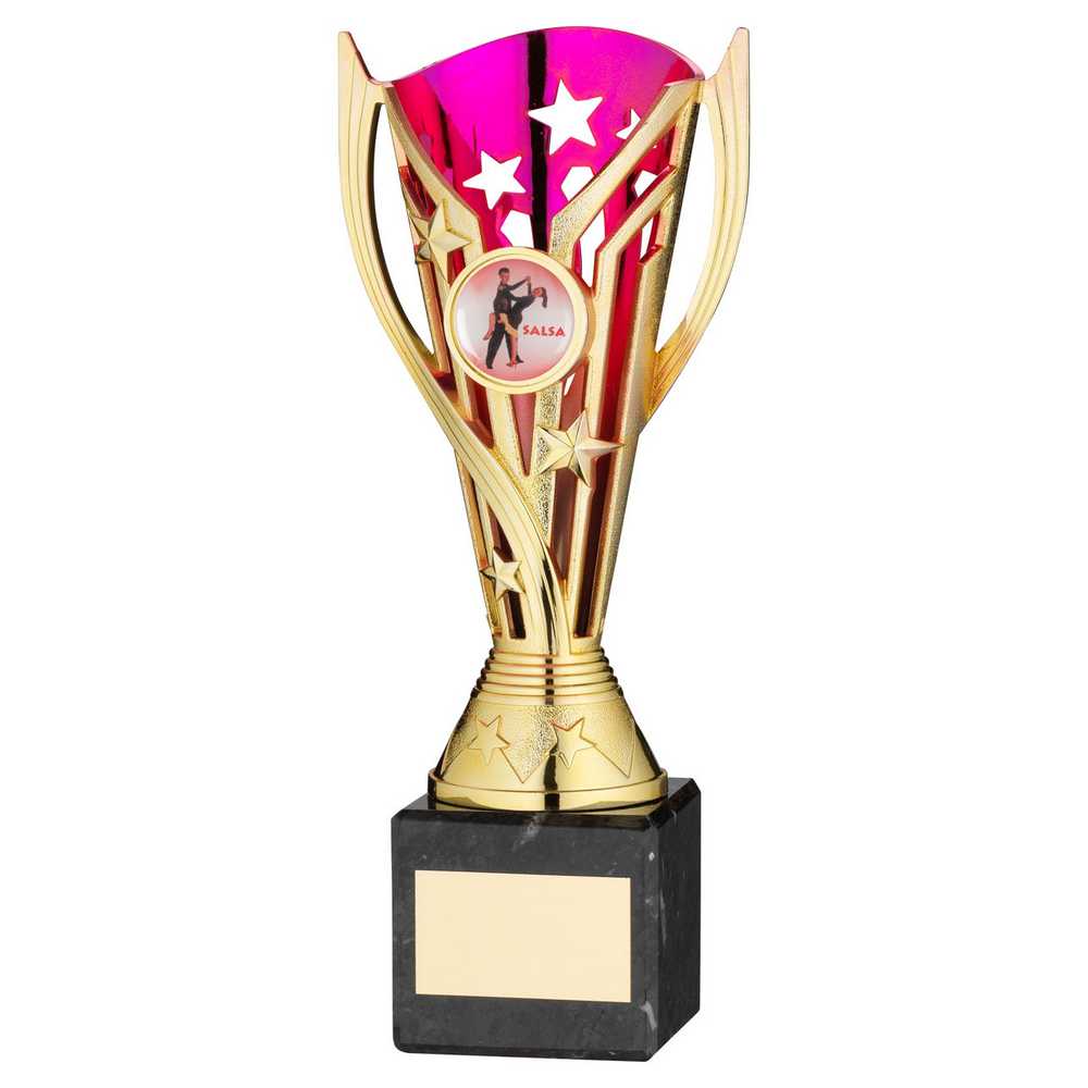 GOLD/PURPLE PLASTIC 'FLASH' CUP ON BLK MARBLE ASSEMBLED TROPHY (1" CEN) - 8in