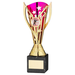 GOLD/PURPLE PLASTIC 'FLASH' CUP ON BLK MARBLE ASSEMBLED TROPHY (1" CEN) - 8in