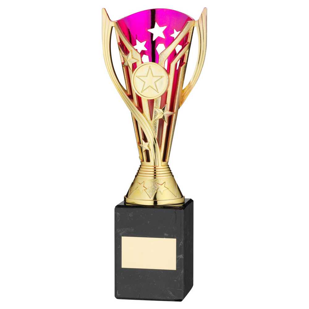 GOLD/PURPLE PLASTIC 'FLASH' CUP ON BLK MARBLE ASSEMBLED TROPHY (1" CEN) - 9in