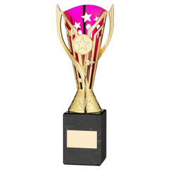 GOLD/PURPLE PLASTIC 'FLASH' CUP ON BLK MARBLE ASSEMBLED TROPHY (1" CEN) - 9in