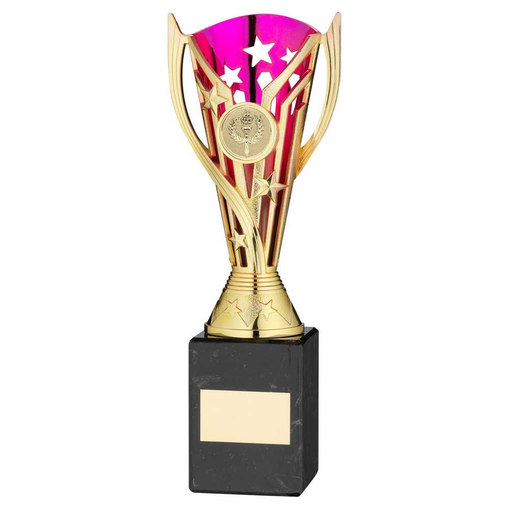GOLD/PURPLE PLASTIC 'FLASH' CUP ON BLK MARBLE ASSEMBLED TROPHY (1" CEN) - 9in