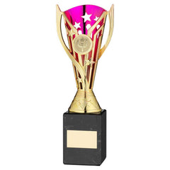 GOLD/PURPLE PLASTIC 'FLASH' CUP ON BLK MARBLE ASSEMBLED TROPHY (1" CEN) - 9in