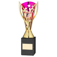 GOLD/PURPLE PLASTIC 'FLASH' CUP ON BLK MARBLE ASSEMBLED TROPHY (1" CEN) - 9in