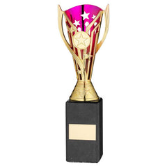 GOLD/PURPLE PLASTIC 'FLASH' CUP ON BLK MARBLE ASSEMBLED TROPHY (1" CEN) - 10in