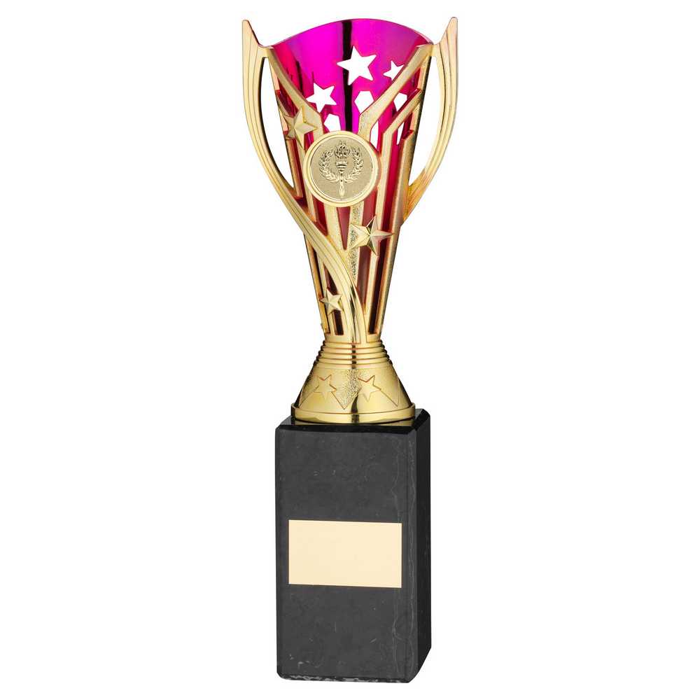 GOLD/PURPLE PLASTIC 'FLASH' CUP ON BLK MARBLE ASSEMBLED TROPHY (1" CEN) - 10in