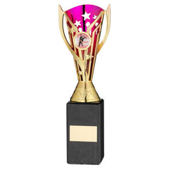 GOLD/PURPLE PLASTIC 'FLASH' CUP ON BLK MARBLE ASSEMBLED TROPHY (1" CEN) - 10in