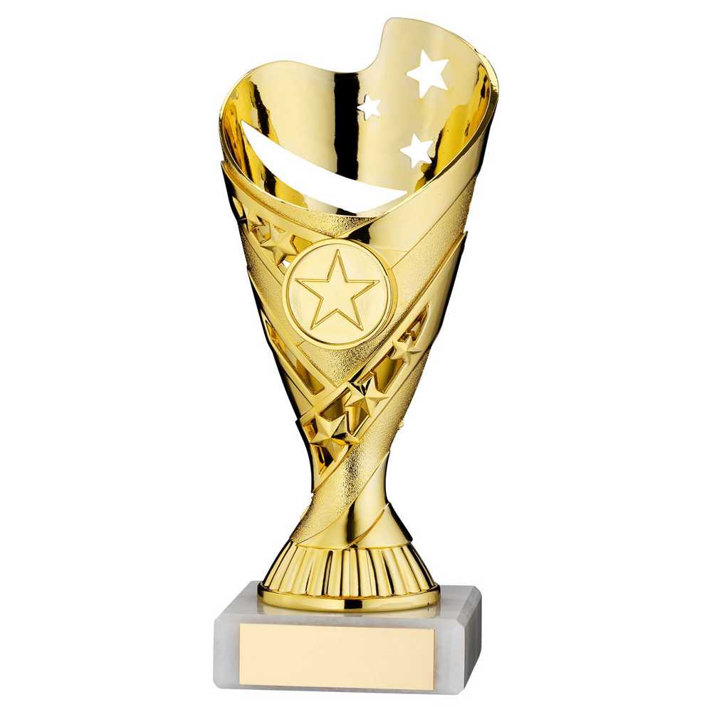 GOLD/RED PLASTIC 'SABRE' CUP ASSEMBLED ON MARBLE (1in CEN) - 7in - Optimum Teamwear