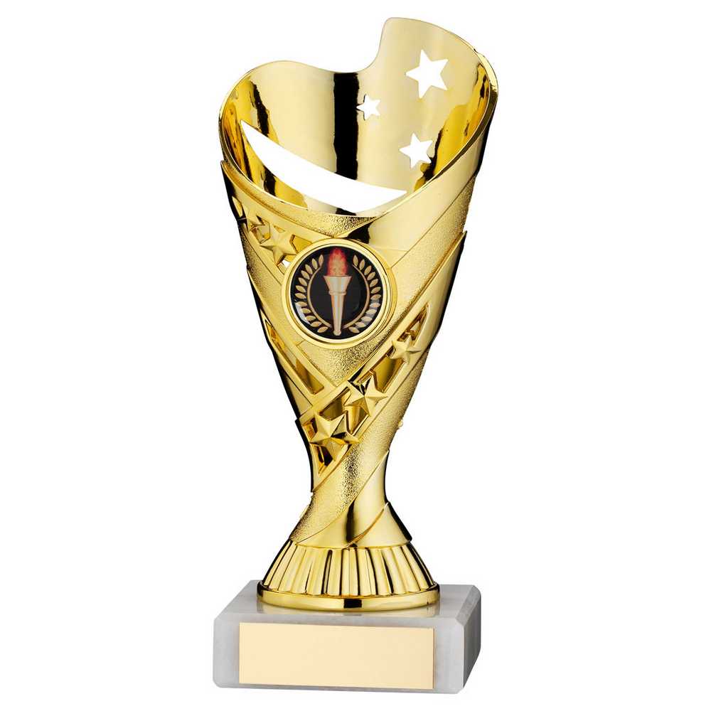 GOLD/RED PLASTIC 'SABRE' CUP ASSEMBLED ON MARBLE (1in CEN) - 7in - Optimum Teamwear