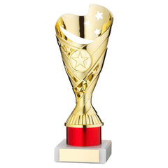 GOLD/RED PLASTIC 'SABRE' CUP ASSEMBLED ON MARBLE (1in CEN) - 8in