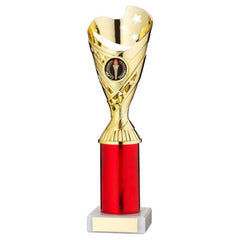 GOLD/RED PLASTIC 'SABRE' CUP ASSEMBLED ON MARBLE (1in CEN) - 10in