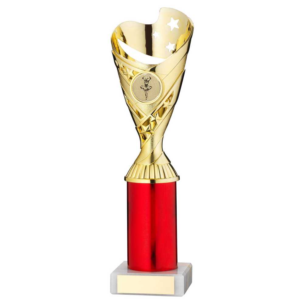 GOLD/RED PLASTIC 'SABRE' CUP ASSEMBLED ON MARBLE (1in CEN) - 10in