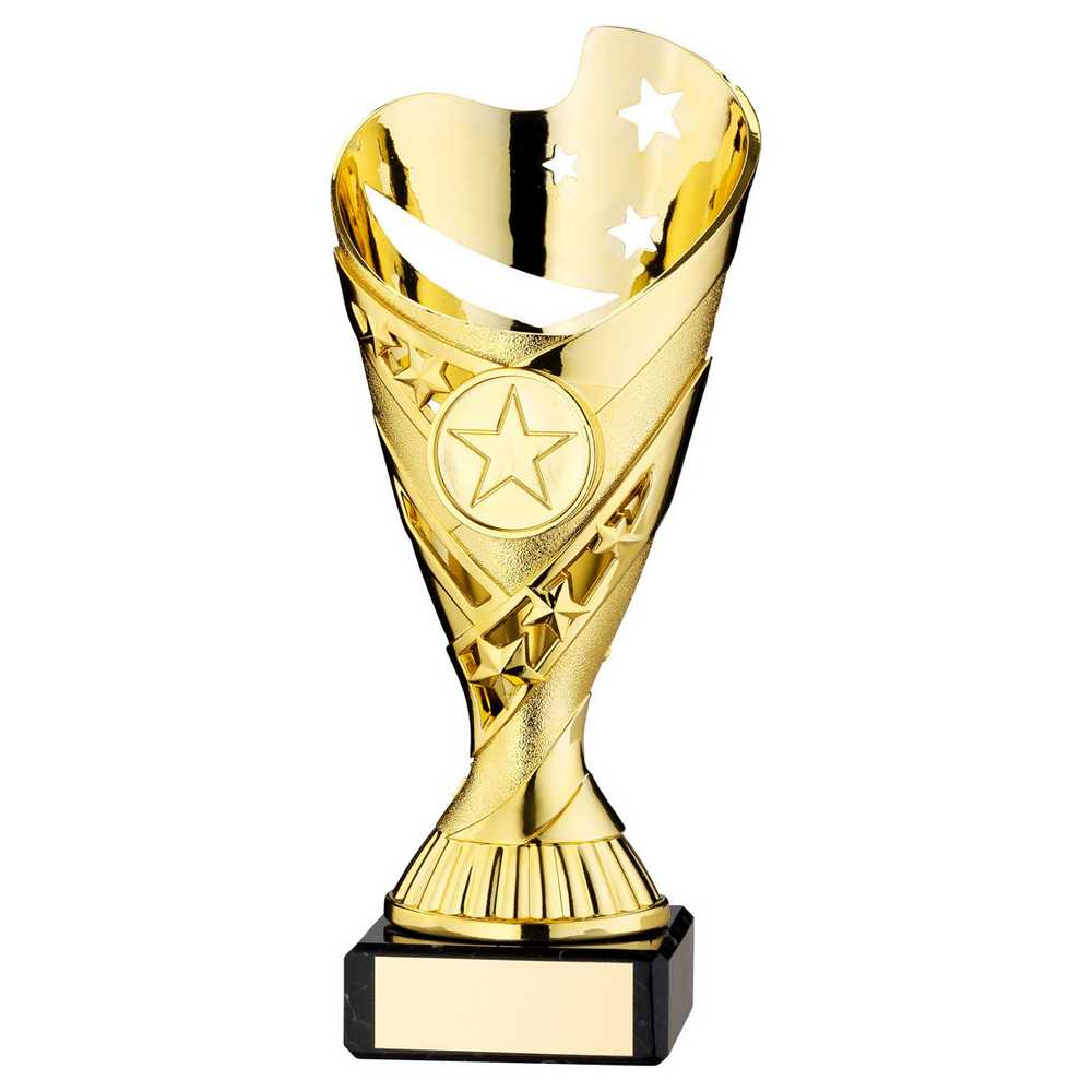 GOLD PLASTIC 'SABRE' CUP ON BLACK MARBLE ASSEMBLED TROPHY (1" CEN) - 6.75in