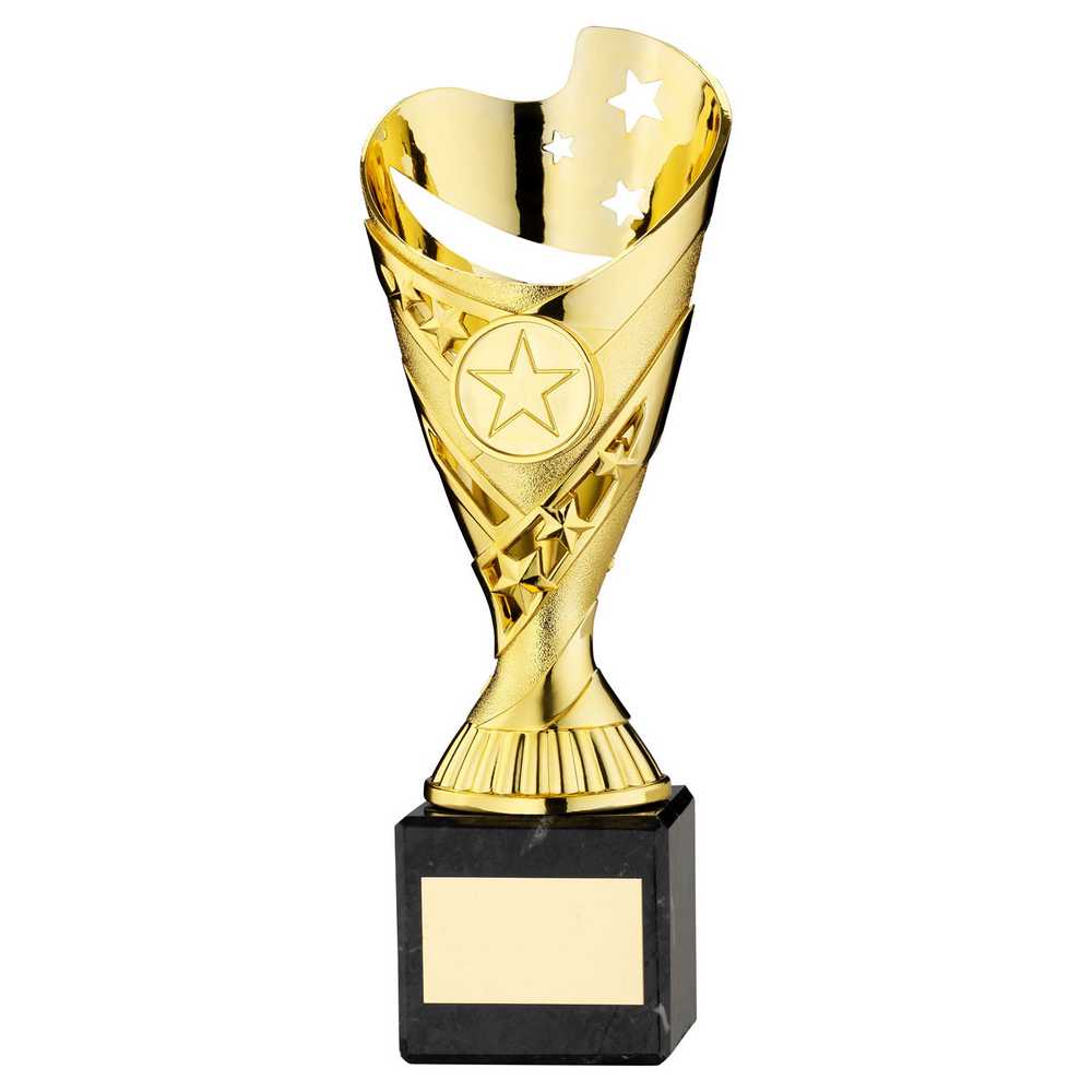 GOLD PLASTIC 'SABRE' CUP ON BLACK MARBLE ASSEMBLED TROPHY (1" CEN) - 8in