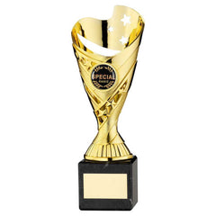 GOLD PLASTIC 'SABRE' CUP ON BLACK MARBLE ASSEMBLED TROPHY (1" CEN) - 8in