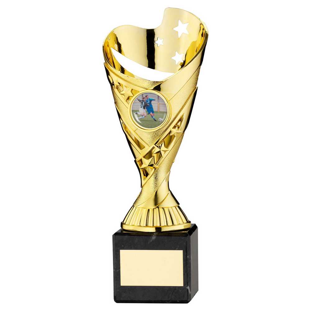 GOLD PLASTIC 'SABRE' CUP ON BLACK MARBLE ASSEMBLED TROPHY (1" CEN) - 8in