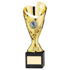 GOLD PLASTIC 'SABRE' CUP ON BLACK MARBLE ASSEMBLED TROPHY (1" CEN) - 8in