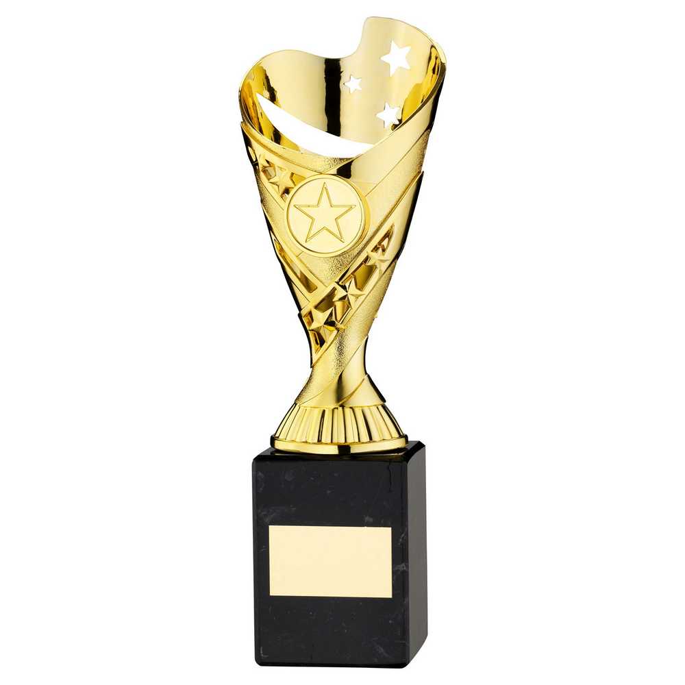 GOLD PLASTIC 'SABRE' CUP ON BLACK MARBLE ASSEMBLED TROPHY (1" CEN) - 9in