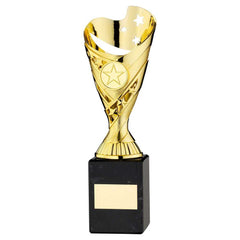 GOLD PLASTIC 'SABRE' CUP ON BLACK MARBLE ASSEMBLED TROPHY (1" CEN) - 9in