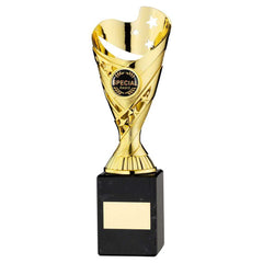 GOLD PLASTIC 'SABRE' CUP ON BLACK MARBLE ASSEMBLED TROPHY (1" CEN) - 9in