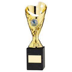 GOLD PLASTIC 'SABRE' CUP ON BLACK MARBLE ASSEMBLED TROPHY (1" CEN) - 9in