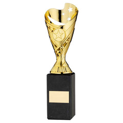 GOLD PLASTIC 'SABRE' CUP ON BLACK MARBLE ASSEMBLED TROPHY (1" CEN) - 10in