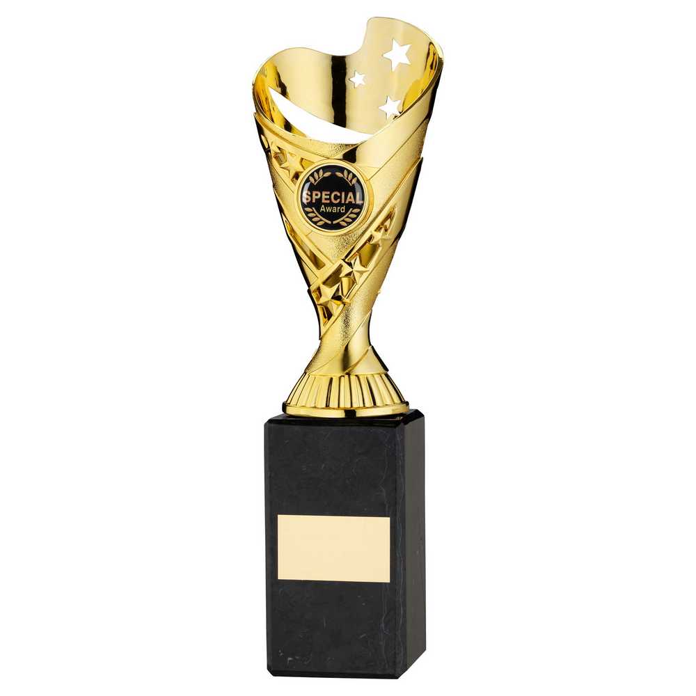 GOLD PLASTIC 'SABRE' CUP ON BLACK MARBLE ASSEMBLED TROPHY (1" CEN) - 10in