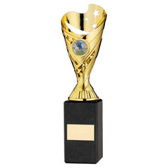 GOLD PLASTIC 'SABRE' CUP ON BLACK MARBLE ASSEMBLED TROPHY (1" CEN) - 10in