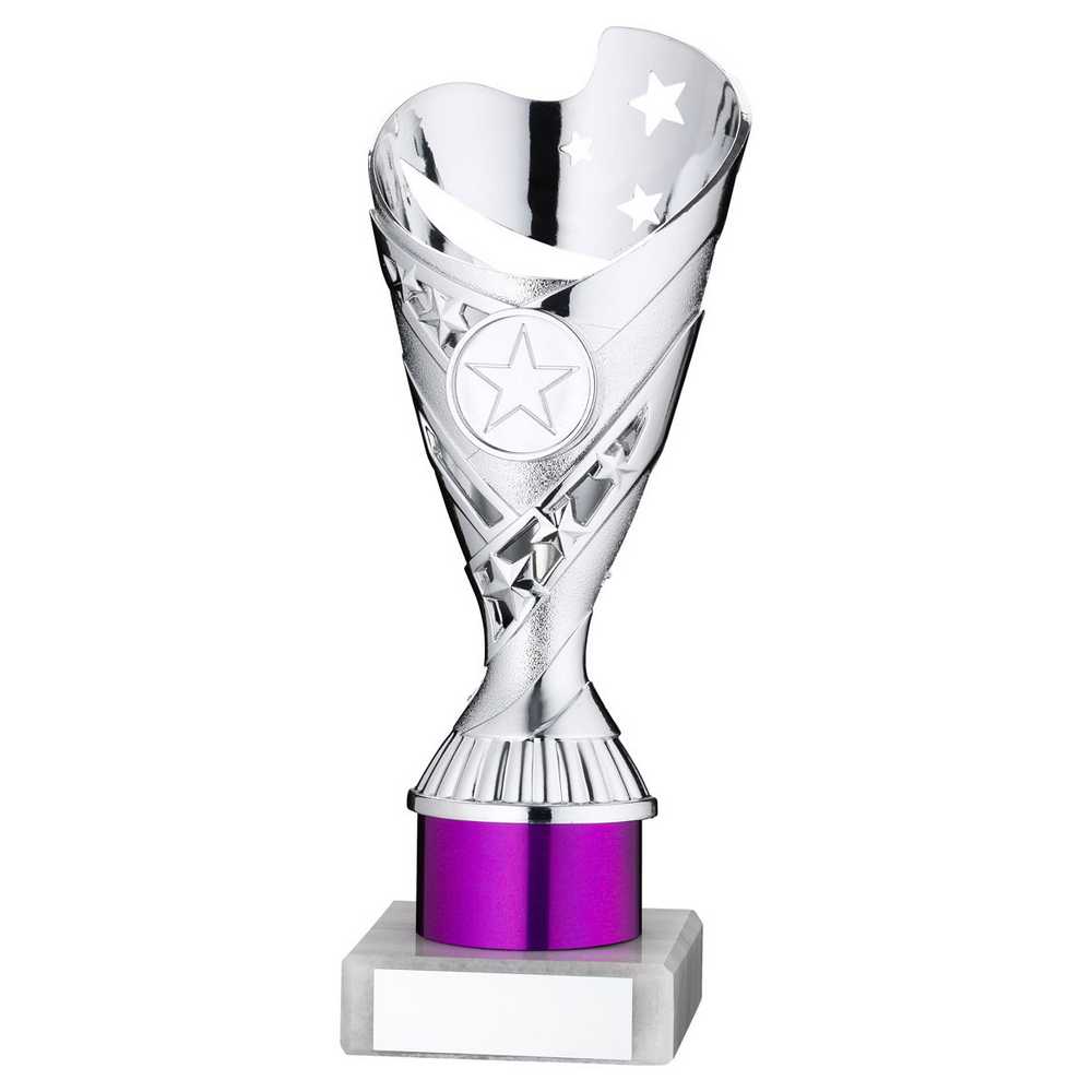 SILVER/PURPLE PLASTIC 'SABRE' CUP ASSEMBLED ON MARBLE (1in CEN) - 8in