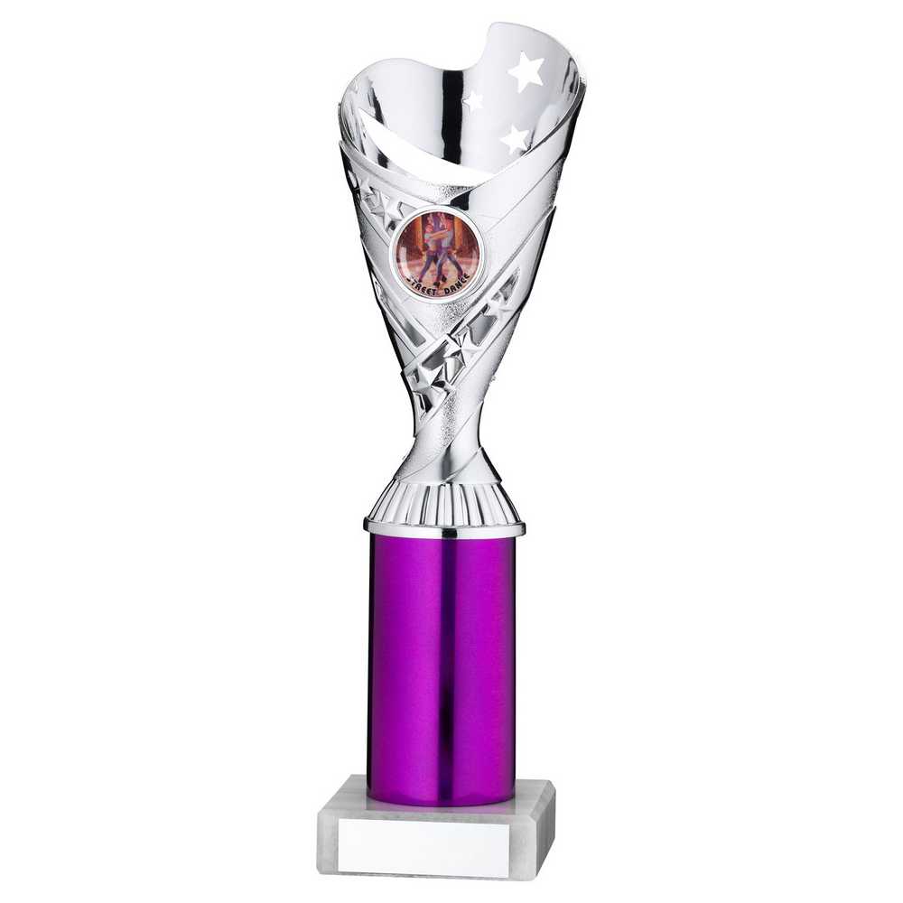 SILVER/PURPLE PLASTIC 'SABRE' CUP ASSEMBLED ON MARBLE (1in CEN) - 10in