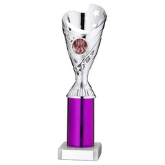 SILVER/PURPLE PLASTIC 'SABRE' CUP ASSEMBLED ON MARBLE (1in CEN) - 10in