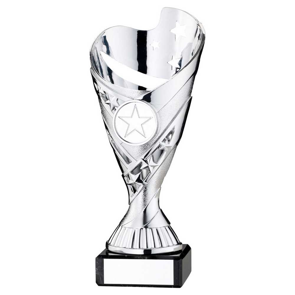 SILVER PLASTIC 'SABRE' CUP ON BLACK MARBLE ASSEMBLED TROPHY (1" CEN) - 6.75in