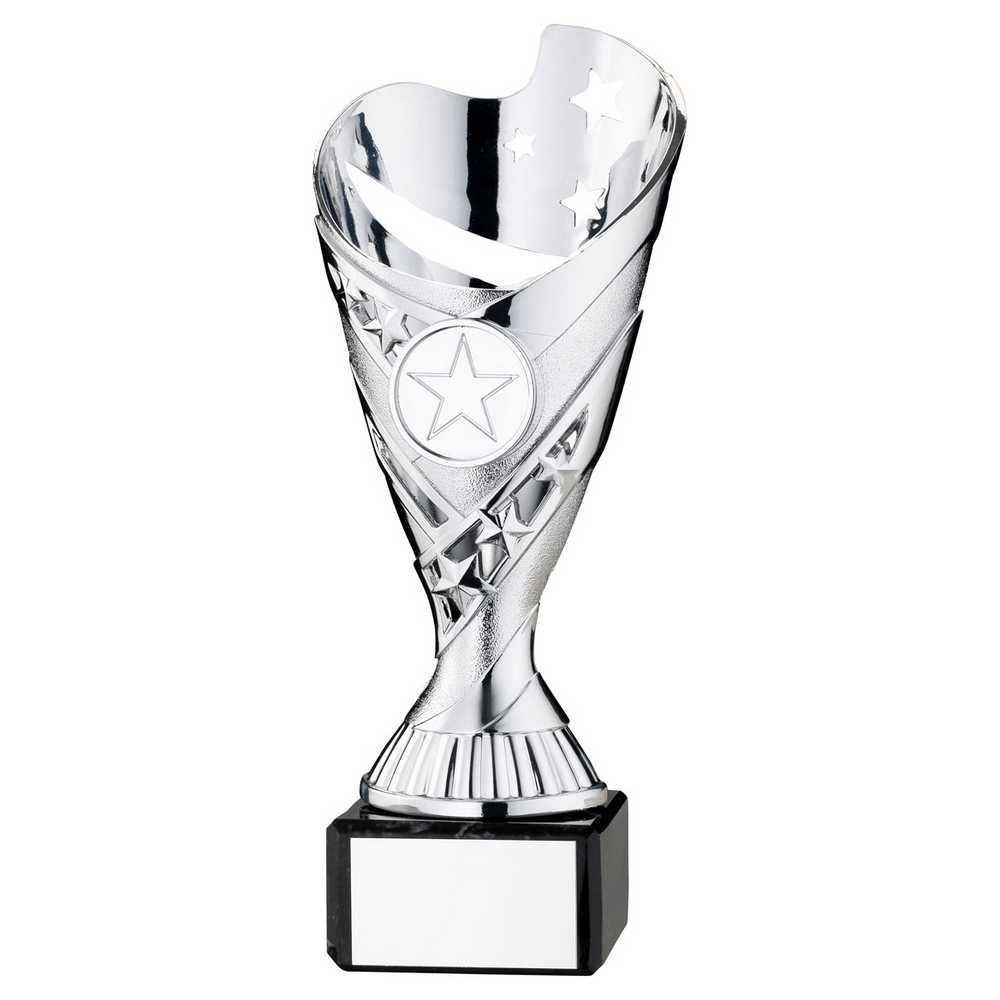 SILVER PLASTIC 'SABRE' CUP ON BLACK MARBLE ASSEMBLED TROPHY (1" CEN) - 7.25in