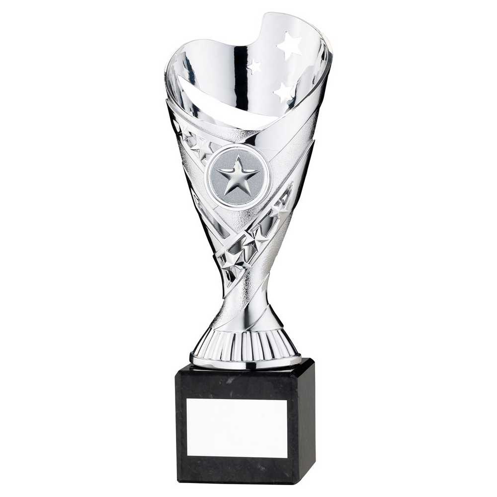 SILVER PLASTIC 'SABRE' CUP ON BLACK MARBLE ASSEMBLED TROPHY (1" CEN) - 8in