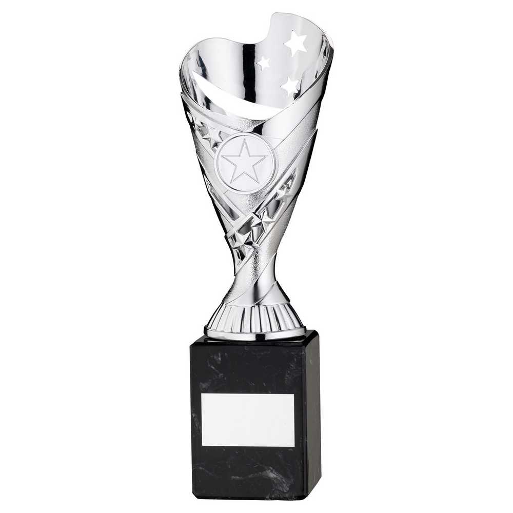 SILVER PLASTIC 'SABRE' CUP ON BLACK MARBLE ASSEMBLED TROPHY (1" CEN) - 9in