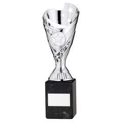 SILVER PLASTIC 'SABRE' CUP ON BLACK MARBLE ASSEMBLED TROPHY (1" CEN) - 9in
