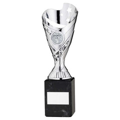 SILVER PLASTIC 'SABRE' CUP ON BLACK MARBLE ASSEMBLED TROPHY (1" CEN) - 9in