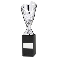 SILVER PLASTIC 'SABRE' CUP ON BLACK MARBLE ASSEMBLED TROPHY (1" CEN) - 10in