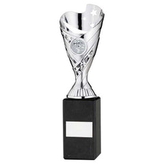 SILVER PLASTIC 'SABRE' CUP ON BLACK MARBLE ASSEMBLED TROPHY (1" CEN) - 10in