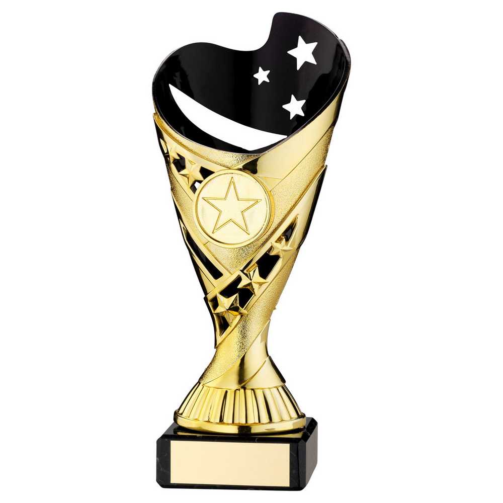 GOLD/BLK PLASTIC 'SABRE' CUP ON BLK MARBLE ASSEMBLED TROPHY (1" CEN) - 6.75in