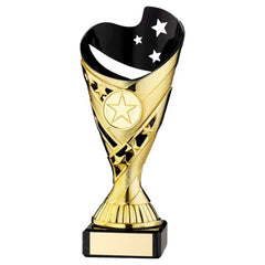 GOLD/BLK PLASTIC 'SABRE' CUP ON BLK MARBLE ASSEMBLED TROPHY (1" CEN) - 6.75in