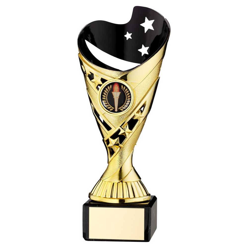 GOLD/BLK PLASTIC 'SABRE' CUP ON BLK MARBLE ASSEMBLED TROPHY (1" CEN) - 7.25in