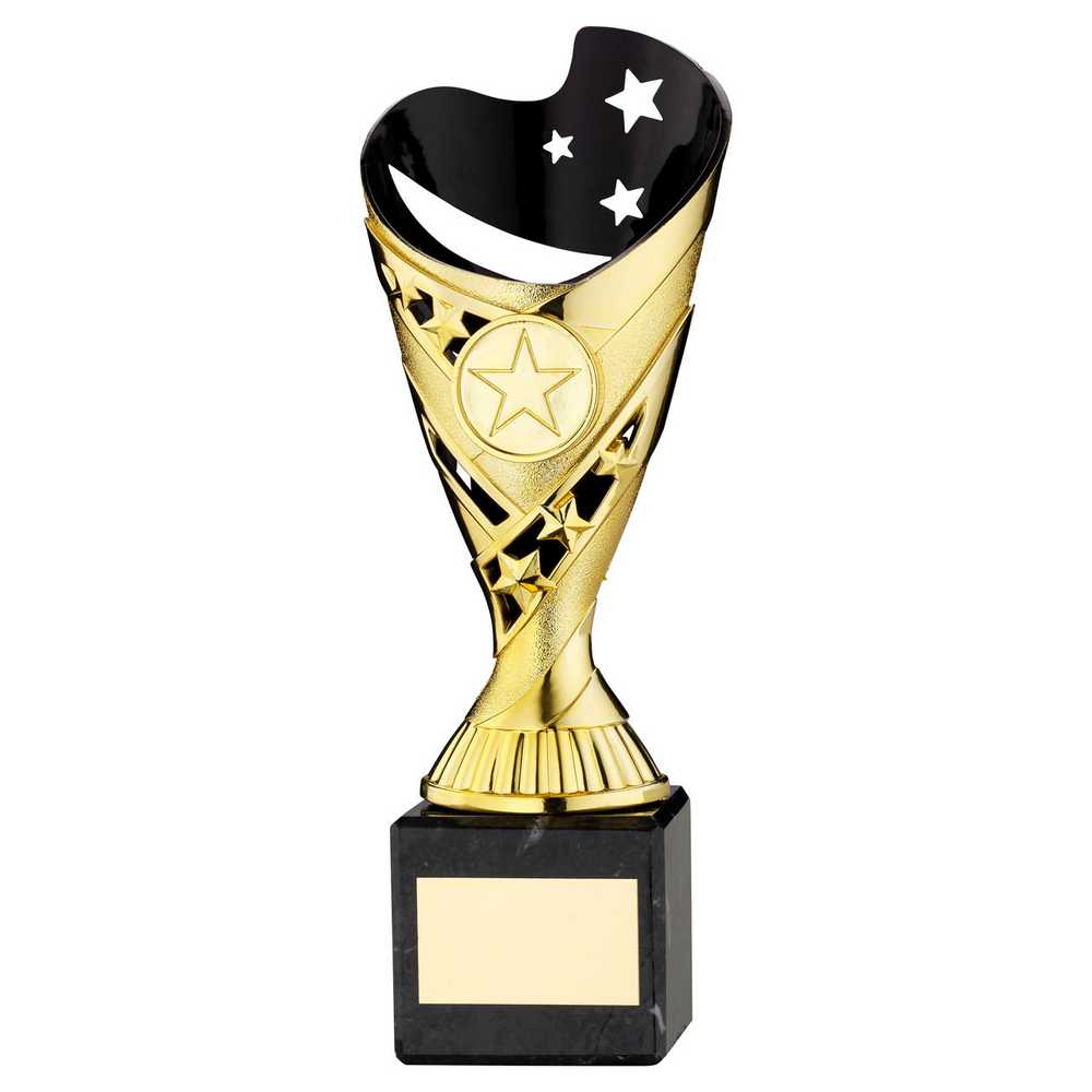 GOLD/BLK PLASTIC 'SABRE' CUP ON BLK MARBLE ASSEMBLED TROPHY (1" CEN) - 8in