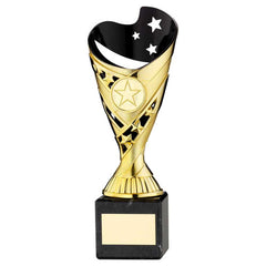 GOLD/BLK PLASTIC 'SABRE' CUP ON BLK MARBLE ASSEMBLED TROPHY (1" CEN) - 8in