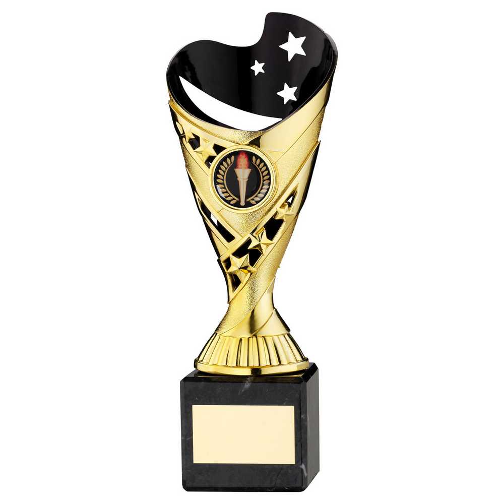 GOLD/BLK PLASTIC 'SABRE' CUP ON BLK MARBLE ASSEMBLED TROPHY (1" CEN) - 8in