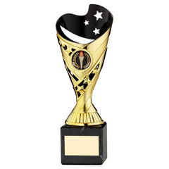 GOLD/BLK PLASTIC 'SABRE' CUP ON BLK MARBLE ASSEMBLED TROPHY (1" CEN) - 8in