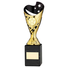 GOLD/BLK PLASTIC 'SABRE' CUP ON BLK MARBLE ASSEMBLED TROPHY (1" CEN) - 9in